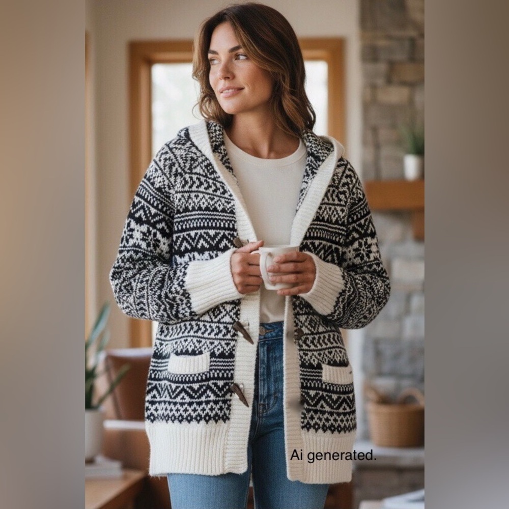 Avalanche Womens Size M Black White Fair Isle Hooded Toggle Cardigan Sweater